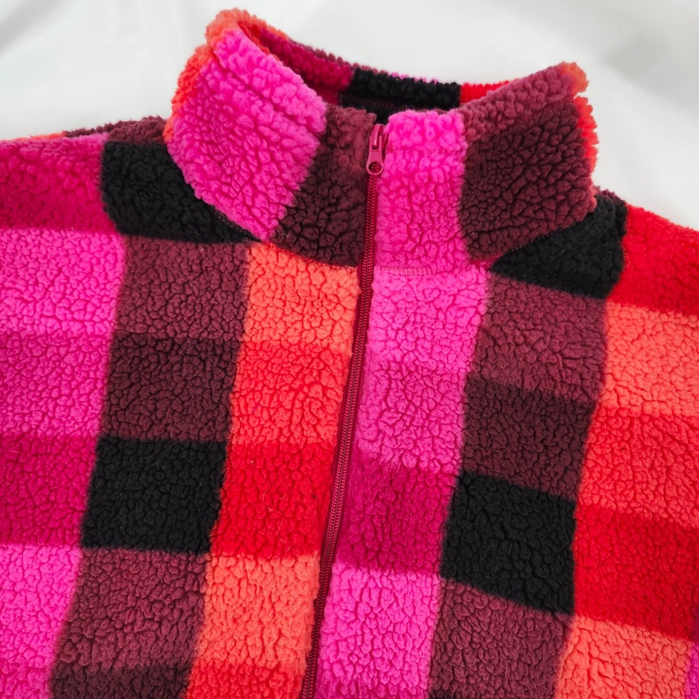 Pink Red Buffalo Plaid Sherpa Zip Up Fleece Jacket Size L Oversized Streetwear